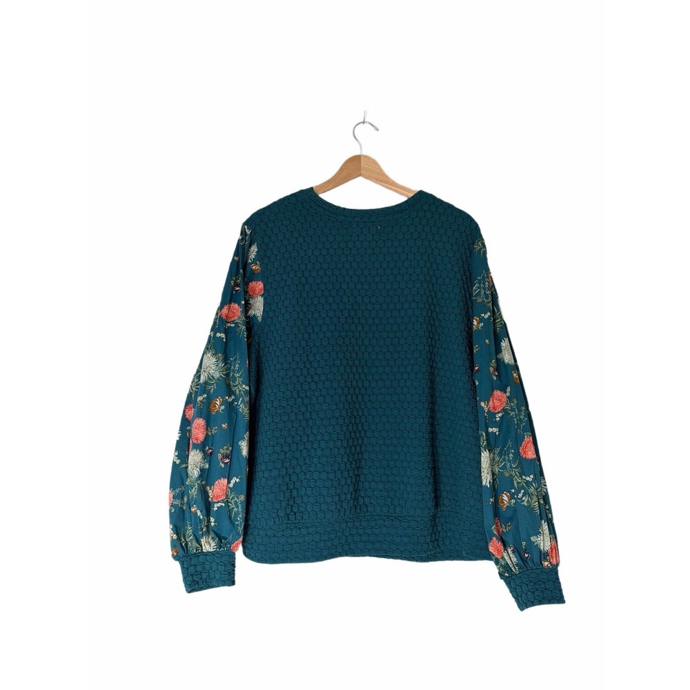 Anthropologie Porridge textured top floral-printed puff sleeves Boho Teal 1X - Picture 5 of 10